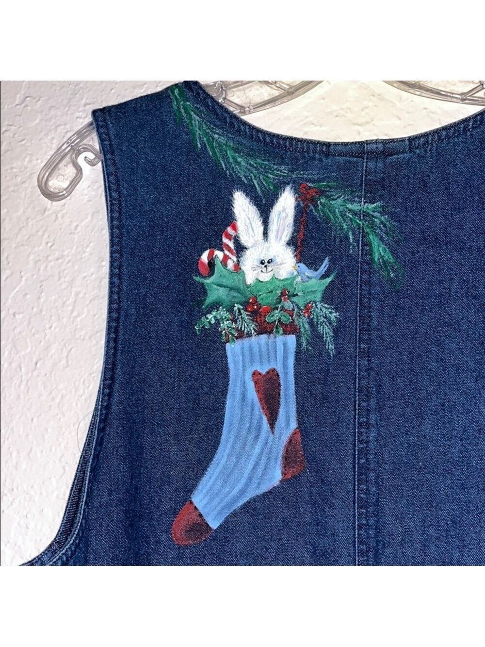 Vintage Denim Christmas Hand Painted Jumper Dress 90s cottagecore granny teacher - Picture 7 of 9